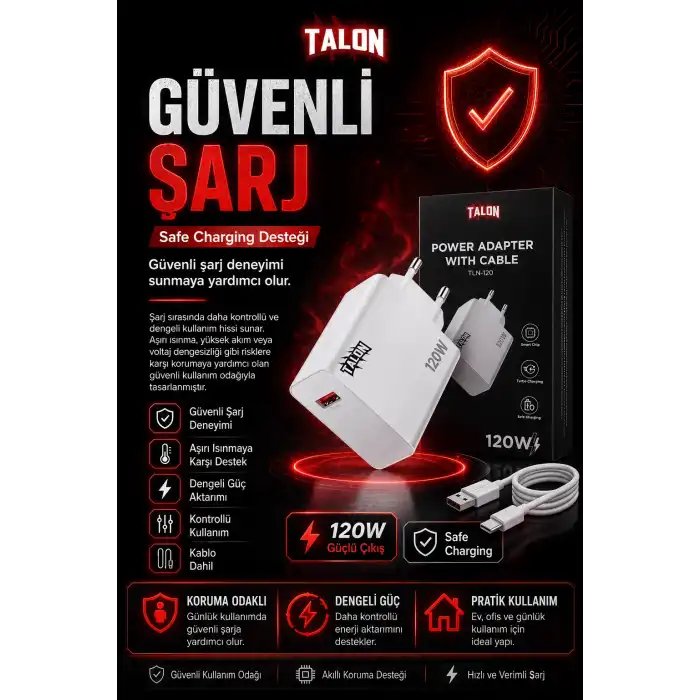 USB Kablolu 120W Güç Adaptörü Hızlı Şarj Destekli Mobil Cihaz Uyumlu Set
