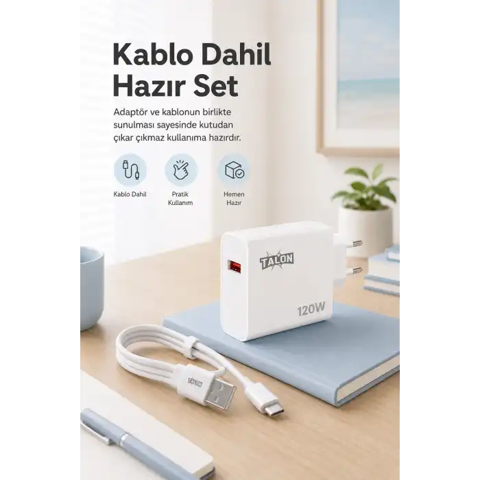 Güvenli Şarj Özellikli 120W Adaptör Ve Kablo Seti Akıllı Koruma Destekli
