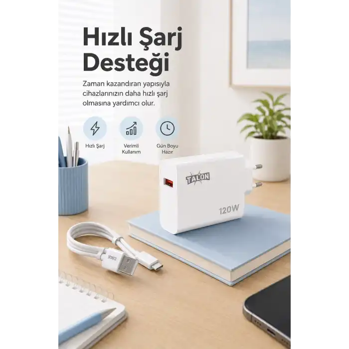 Güvenli Şarj Özellikli 120W Adaptör Ve Kablo Seti Akıllı Koruma Destekli