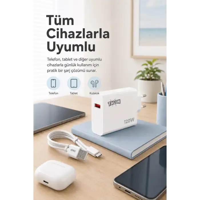 Güvenli Şarj Özellikli 120W Adaptör Ve Kablo Seti Akıllı Koruma Destekli