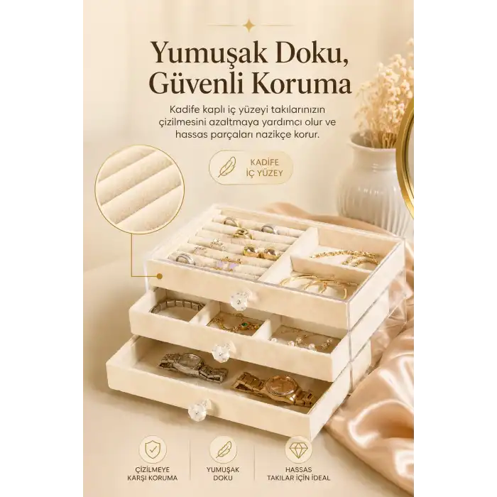 Şeffaf Kapaklı Kadife Takı Kutusu Çekmeceli Yüzük Kolye Saat Organizeri