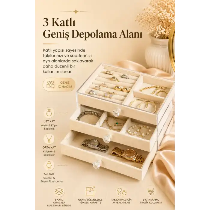Şeffaf Kapaklı Kadife Takı Kutusu Çekmeceli Yüzük Kolye Saat Organizeri