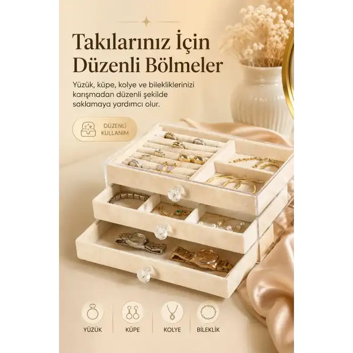 Şeffaf Kapaklı Kadife Takı Kutusu Çekmeceli Yüzük Kolye Saat Organizeri