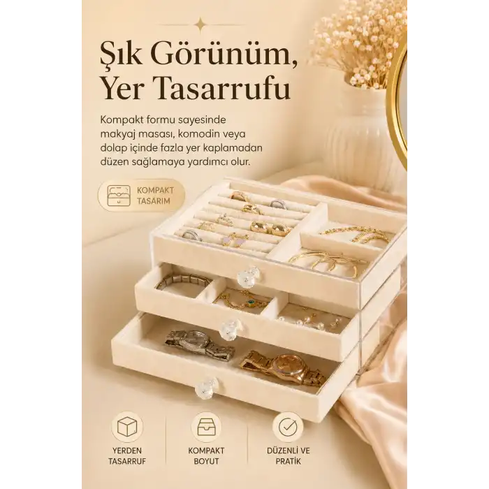 Şeffaf Kapaklı Kadife Takı Kutusu Çekmeceli Yüzük Kolye Saat Organizeri