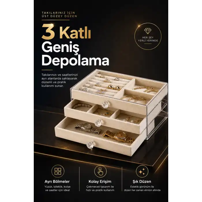 Üç Çekmeceli Kadife Takı Düzenleyici Şeffaf Kapaklı Mücevher Saklama Kutusu