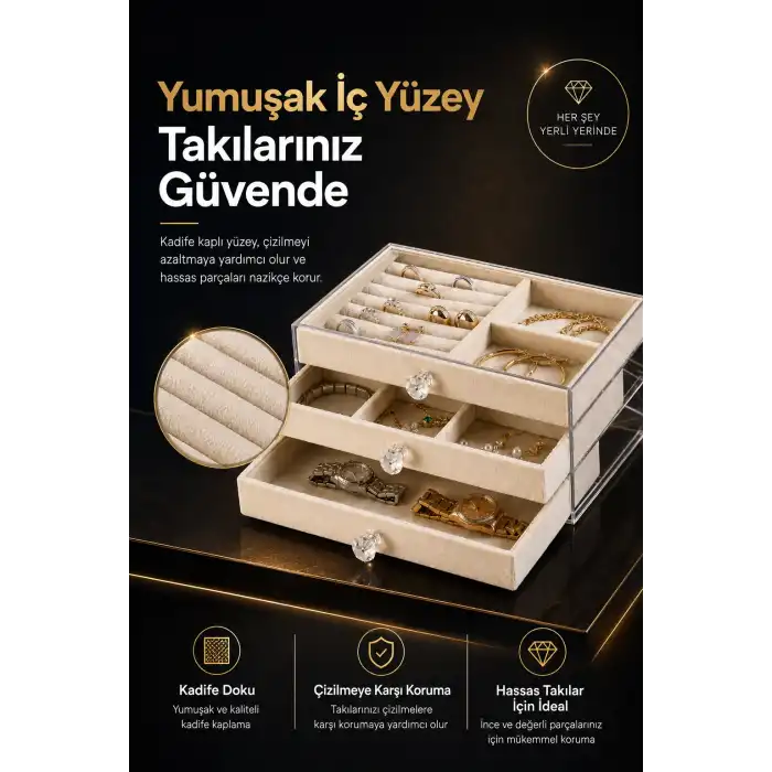Üç Çekmeceli Kadife Takı Düzenleyici Şeffaf Kapaklı Mücevher Saklama Kutusu
