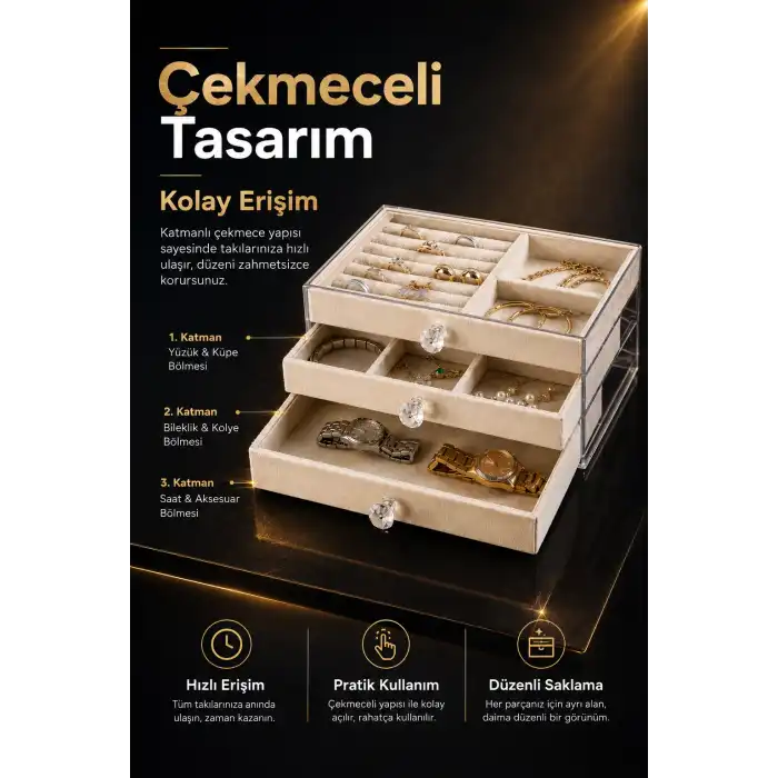 Üç Çekmeceli Kadife Takı Düzenleyici Şeffaf Kapaklı Mücevher Saklama Kutusu