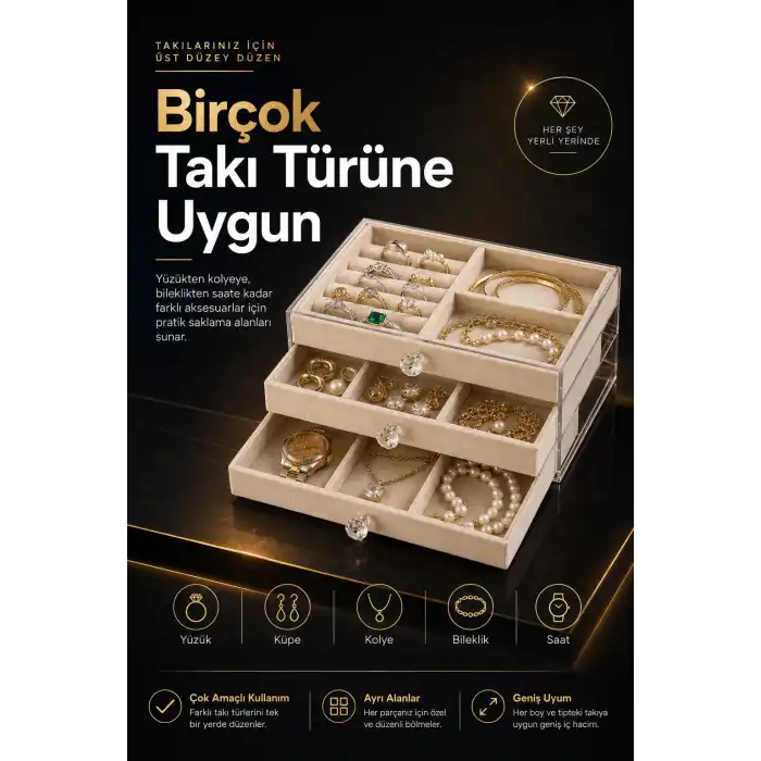 Üç Çekmeceli Kadife Takı Düzenleyici Şeffaf Kapaklı Mücevher Saklama Kutusu