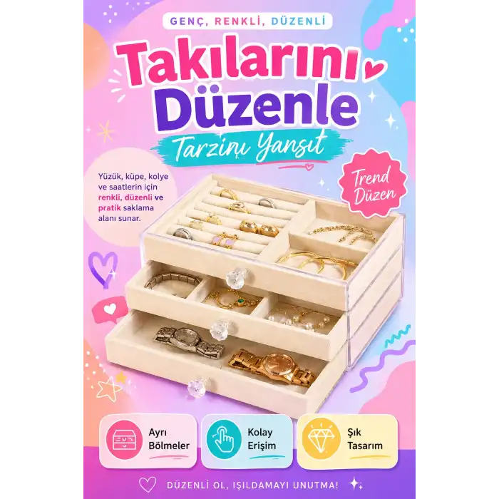 Kadife Kaplamalı Şeffaf Takı Kutusu Çekmeceli Saat Yüzük Kolye Organizeri