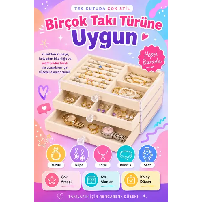 Kadife Kaplamalı Şeffaf Takı Kutusu Çekmeceli Saat Yüzük Kolye Organizeri