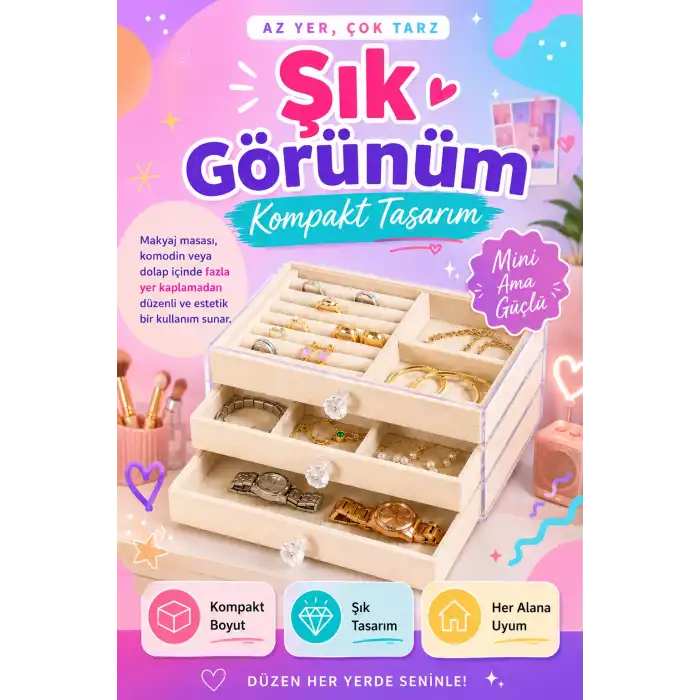 Kadife Kaplamalı Şeffaf Takı Kutusu Çekmeceli Saat Yüzük Kolye Organizeri