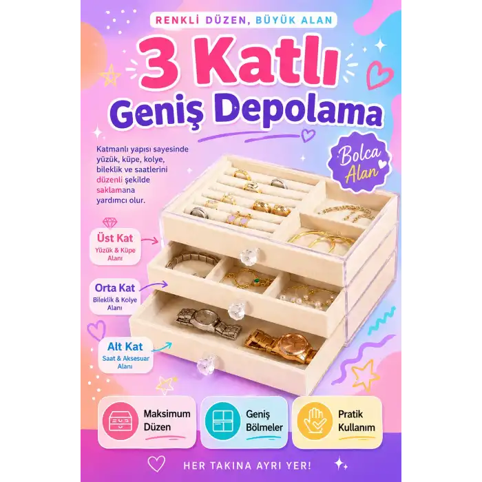 Kadife Kaplamalı Şeffaf Takı Kutusu Çekmeceli Saat Yüzük Kolye Organizeri