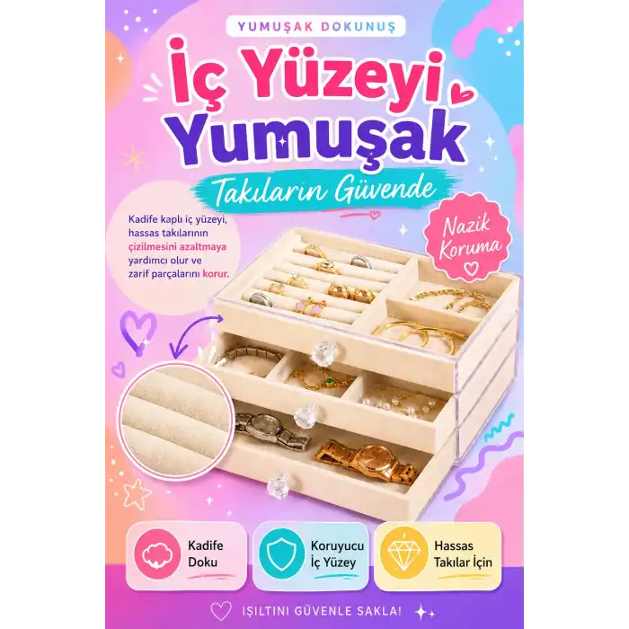 Kadife Kaplamalı Şeffaf Takı Kutusu Çekmeceli Saat Yüzük Kolye Organizeri