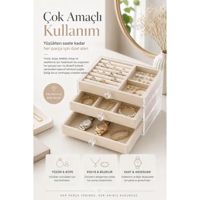 Çok Bölmeli Çekmeceli Takı Kutusu Kadife Dokulu Şeffaf Kapaklı Saklama Kabı