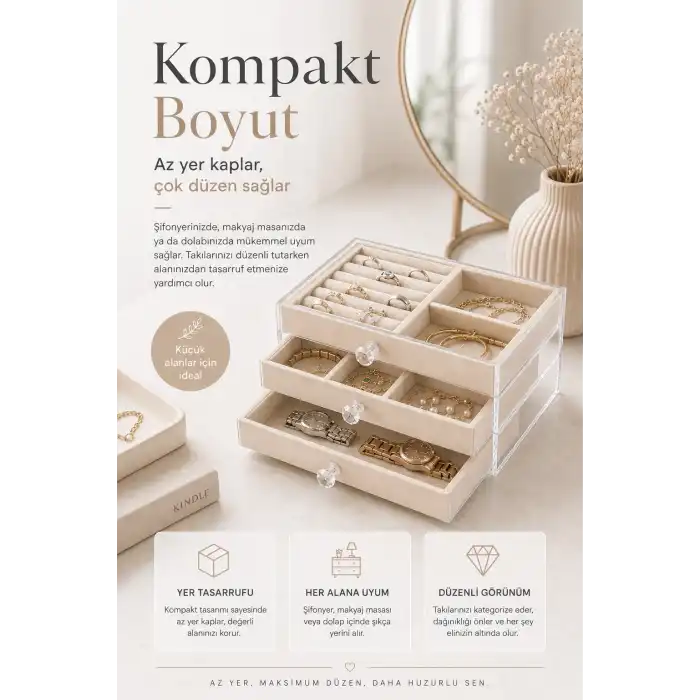 Çok Bölmeli Çekmeceli Takı Kutusu Kadife Dokulu Şeffaf Kapaklı Saklama Kabı