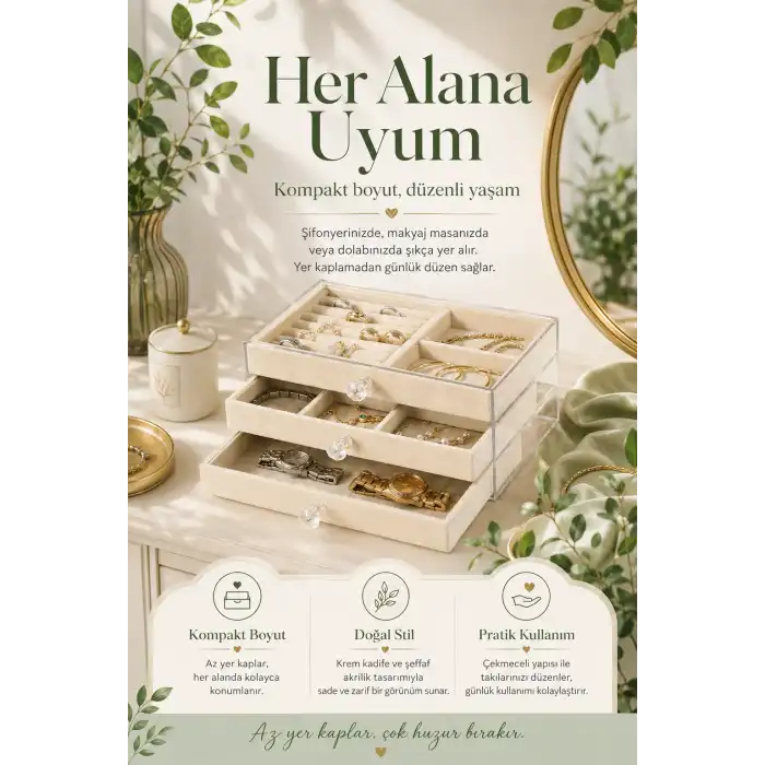 Yüzük Kolye Bileklik Saat İçin Çekmeceli Kadife Takı Organizer Kutusu