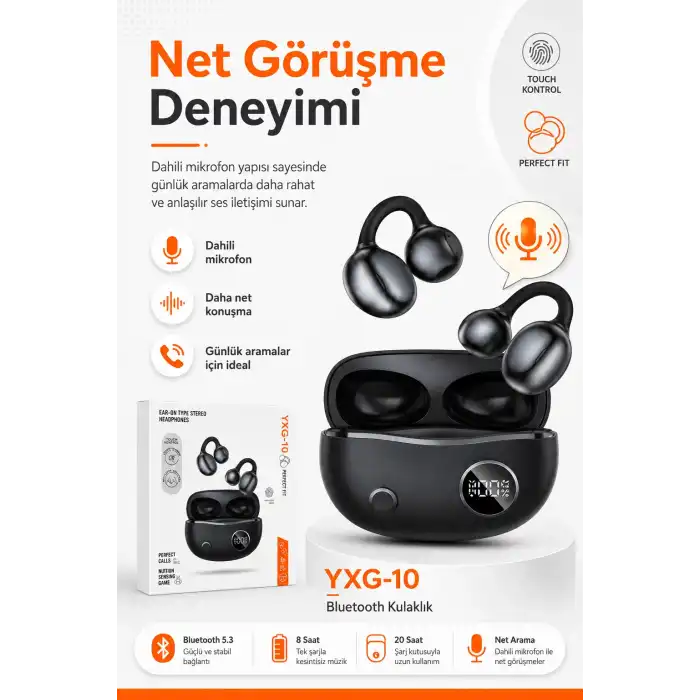 Kulak Üstü Klipsli Kablosuz Stereo Kulaklık Dokunmatik Kontrollü Şarj Kutulu