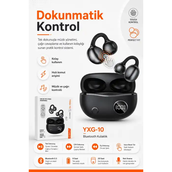 Kulak Üstü Klipsli Kablosuz Stereo Kulaklık Dokunmatik Kontrollü Şarj Kutulu