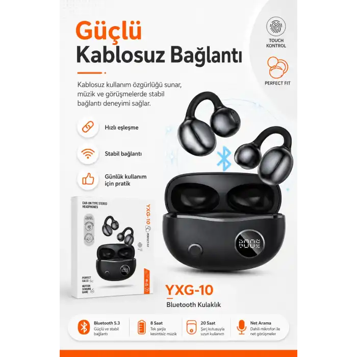 Kulak Üstü Klipsli Kablosuz Stereo Kulaklık Dokunmatik Kontrollü Şarj Kutulu
