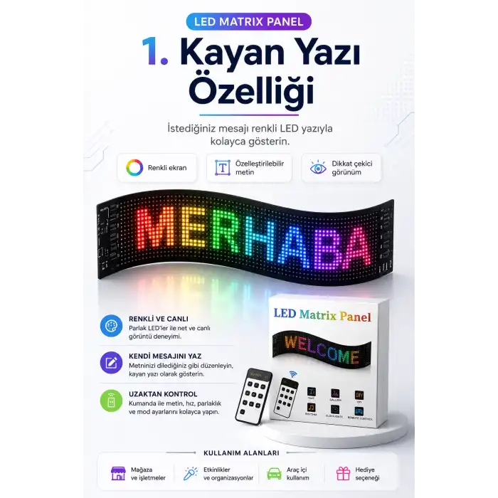 Kumandalı LED Matrix Panel Kayan Yazı Tabelası Renkli Mesaj Ve Saat Gösterimli