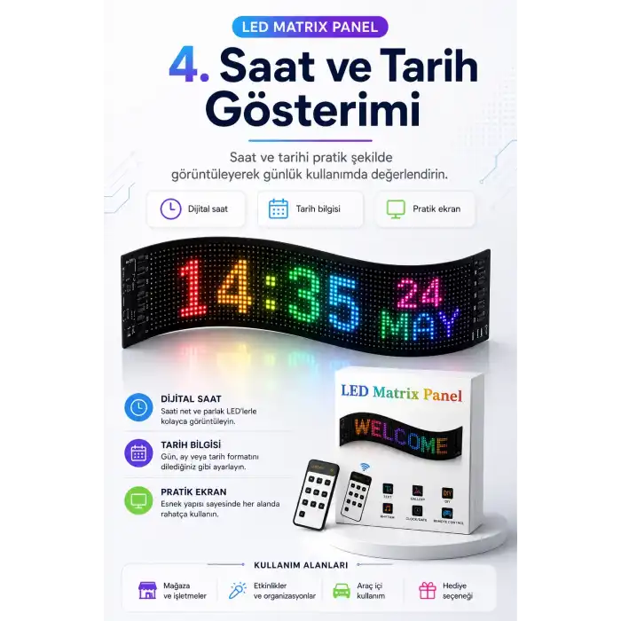 Kumandalı LED Matrix Panel Kayan Yazı Tabelası Renkli Mesaj Ve Saat Gösterimli
