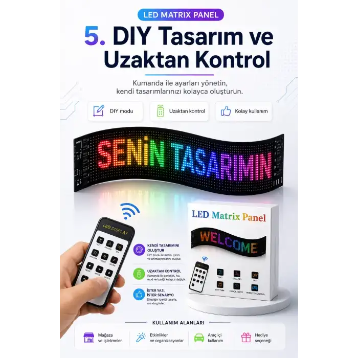 Kumandalı LED Matrix Panel Kayan Yazı Tabelası Renkli Mesaj Ve Saat Gösterimli