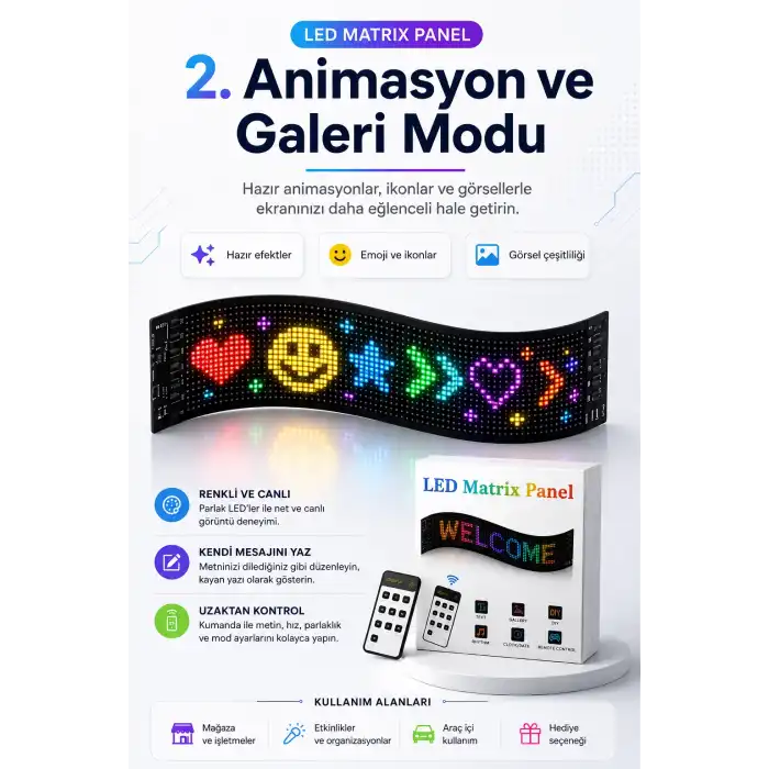 Kumandalı LED Matrix Panel Kayan Yazı Tabelası Renkli Mesaj Ve Saat Gösterimli