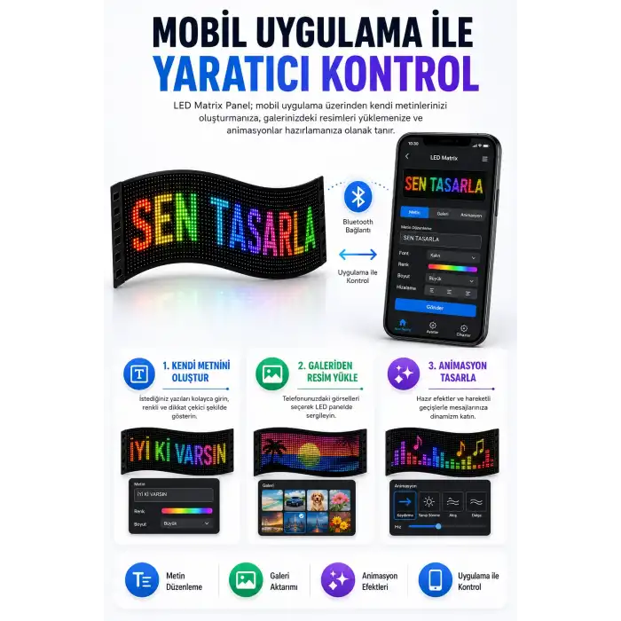 Esnek LED Matrix Panel Kayan Yazı Ekranı Kumandalı Ritim Ve Galeri Destekli