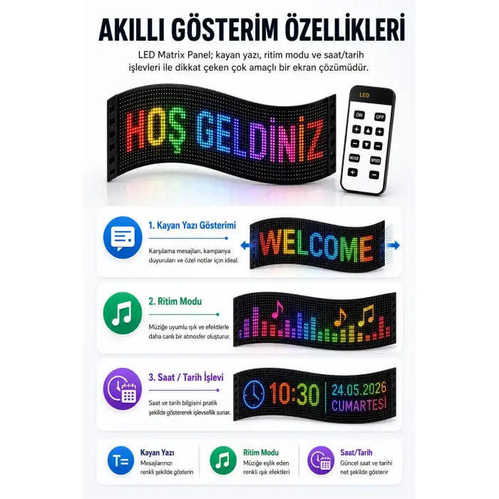 Esnek LED Matrix Panel Kayan Yazı Ekranı Kumandalı Ritim Ve Galeri Destekli