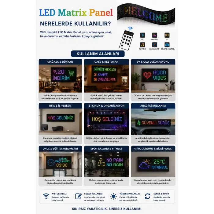 Esnek LED Matrix Panel Kayan Yazı Ekranı Kumandalı Ritim Ve Galeri Destekli