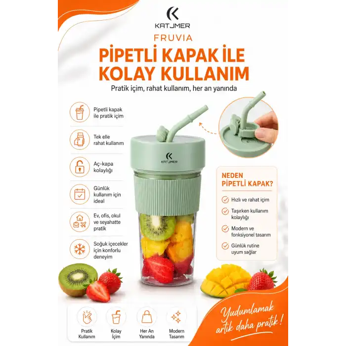Şarjlı Taşınabilir Meyve Sıkacağı Pipetli Hazneli Pratik Smoothie Blender Bardağı