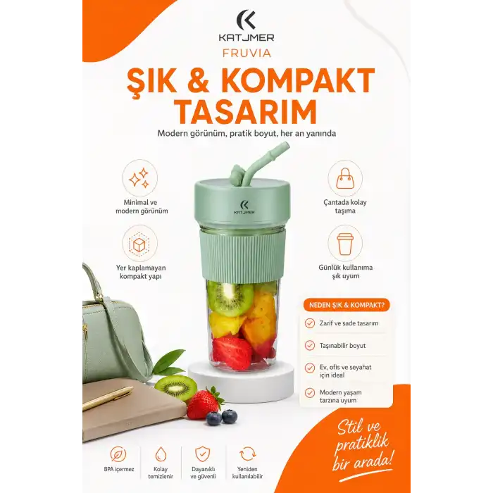 Şarjlı Taşınabilir Meyve Sıkacağı Pipetli Hazneli Pratik Smoothie Blender Bardağı