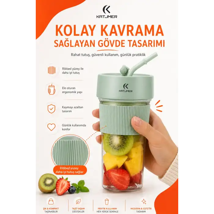 Şarjlı Taşınabilir Meyve Sıkacağı Pipetli Hazneli Pratik Smoothie Blender Bardağı