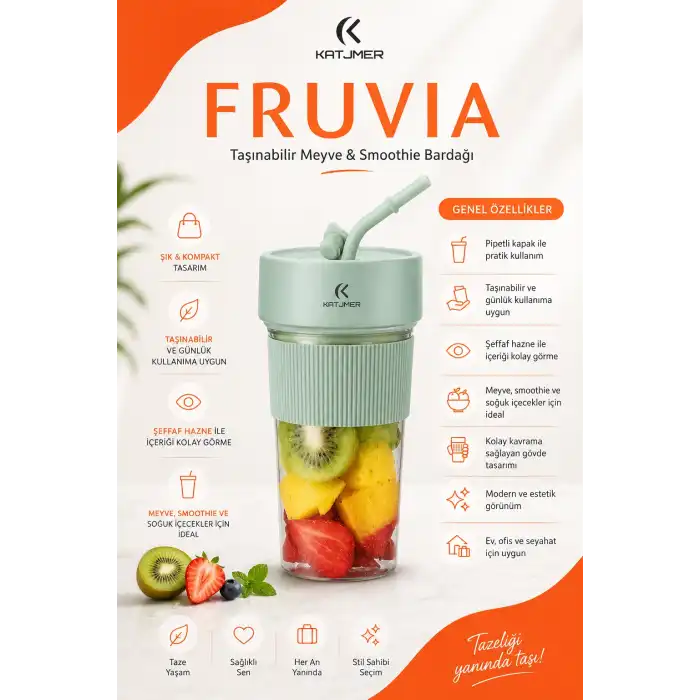 Şarjlı Taşınabilir Meyve Sıkacağı Pipetli Hazneli Pratik Smoothie Blender Bardağı