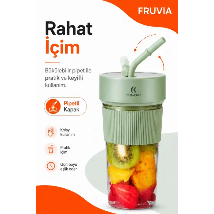 USB Şarjlı Mini Blender Meyve Sıkacağı Pipet Kapaklı Taşınabilir İçecek Haznesi