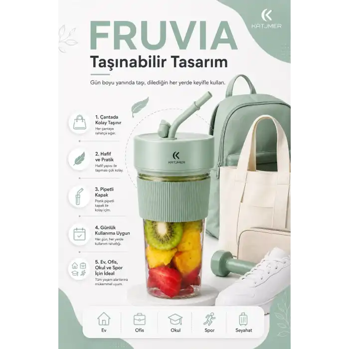 Seyahat Uyumlu Taşınabilir Meyve Sıkacağı Karıştırıcı Blender Pipetli Bardak Modeli