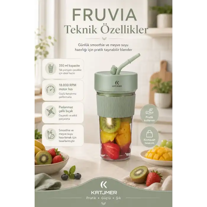 Pratik Kullanımlı Şarjlı Meyve Suyu Blenderı Kapaklı Pipetli Smoothie Hazneli