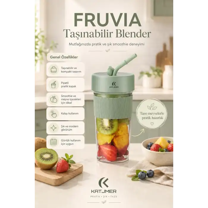 Pratik Kullanımlı Şarjlı Meyve Suyu Blenderı Kapaklı Pipetli Smoothie Hazneli