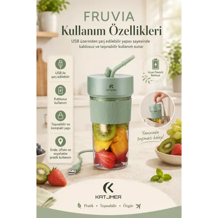 Pratik Kullanımlı Şarjlı Meyve Suyu Blenderı Kapaklı Pipetli Smoothie Hazneli