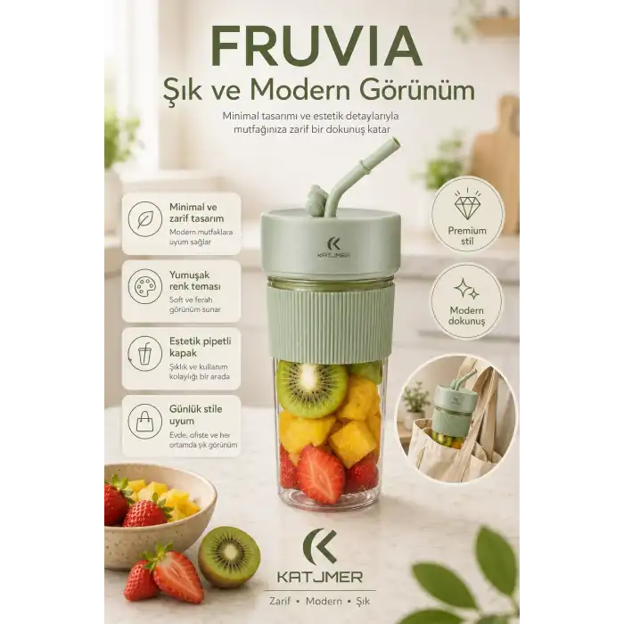 Pratik Kullanımlı Şarjlı Meyve Suyu Blenderı Kapaklı Pipetli Smoothie Hazneli
