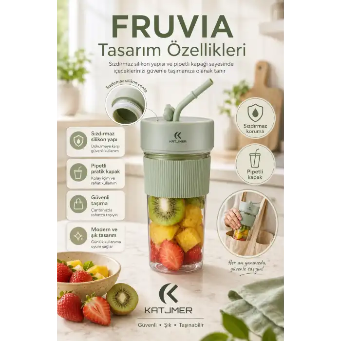 Pratik Kullanımlı Şarjlı Meyve Suyu Blenderı Kapaklı Pipetli Smoothie Hazneli