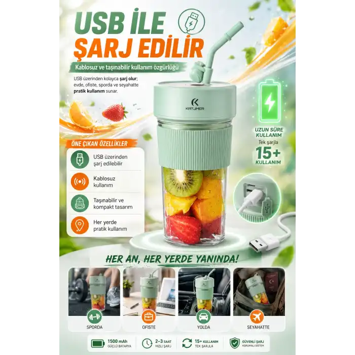 Günlük Kullanıma Uygun Şarjlı Meyve Sıkacağı Mini Blender Bardaklı Karıştırıcı