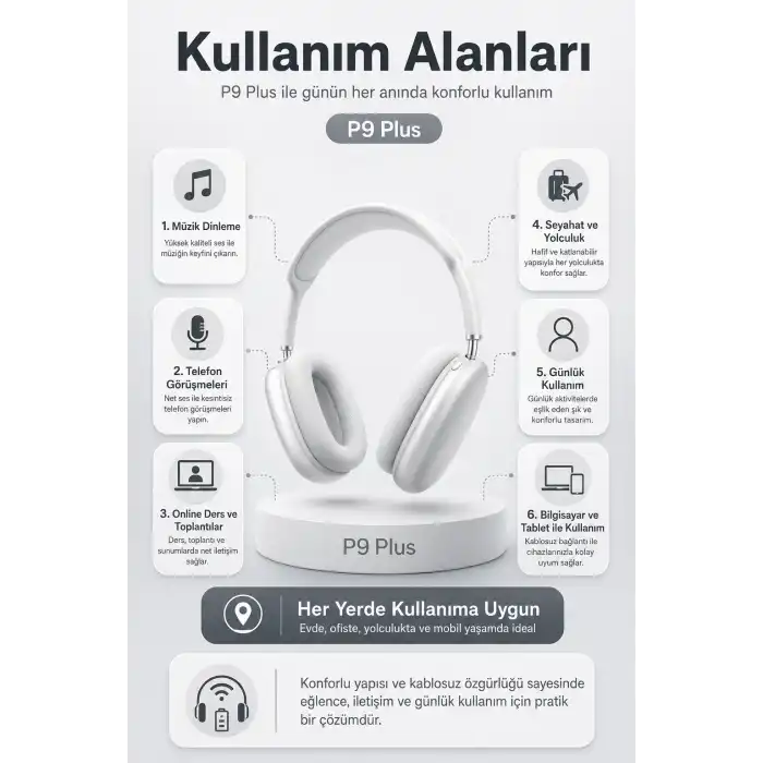 Kablosuz Kulak Üstü Bluetooth Kulaklık Katlanabilir Tasarım Uzun Süreli Kullanım