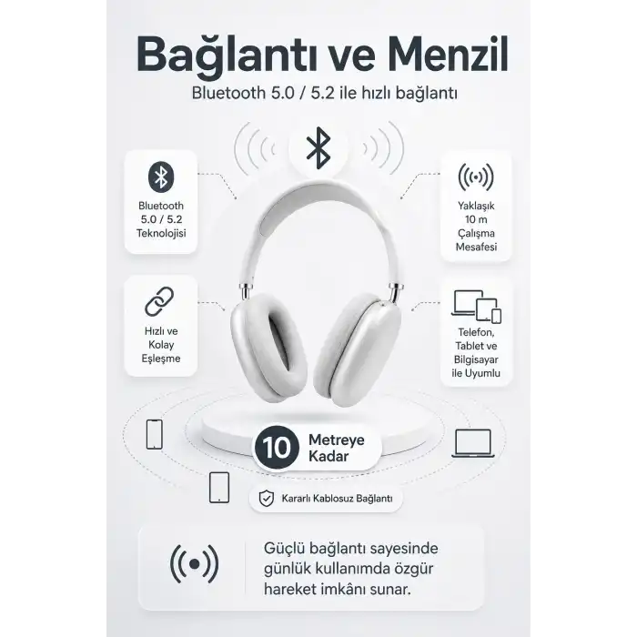 Kablosuz Kulak Üstü Bluetooth Kulaklık Katlanabilir Tasarım Uzun Süreli Kullanım
