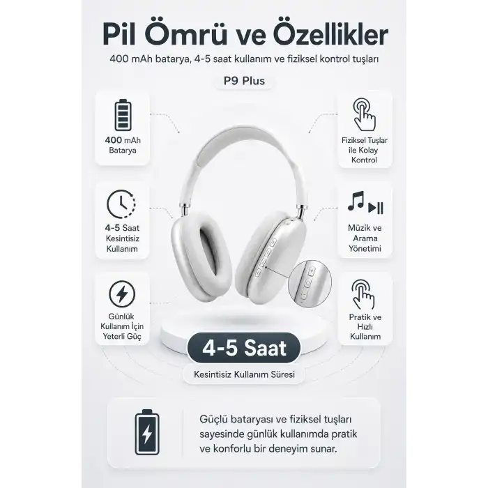 Kablosuz Kulak Üstü Bluetooth Kulaklık Katlanabilir Tasarım Uzun Süreli Kullanım