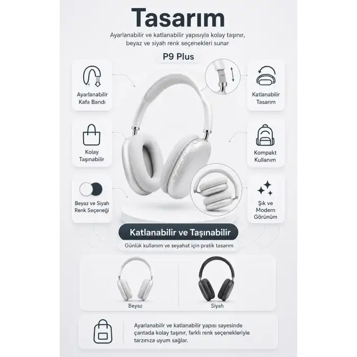 Kablosuz Kulak Üstü Bluetooth Kulaklık Katlanabilir Tasarım Uzun Süreli Kullanım