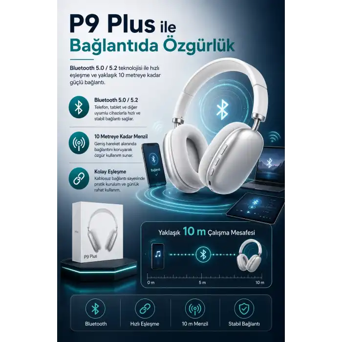 Katlanabilir Kablosuz Kulaklık Kulak Üstü Rahat Pedli Taşınabilir Stereo Model