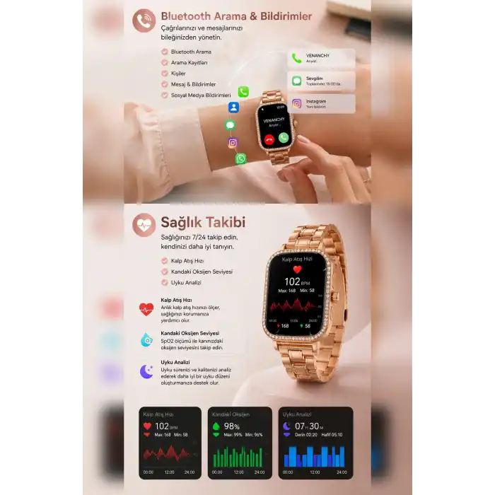 Kadın Kullanımına Uygun Akıllı Saat Dört Çift Kordonlu Şık Tasarımlı Dokunmatik Model