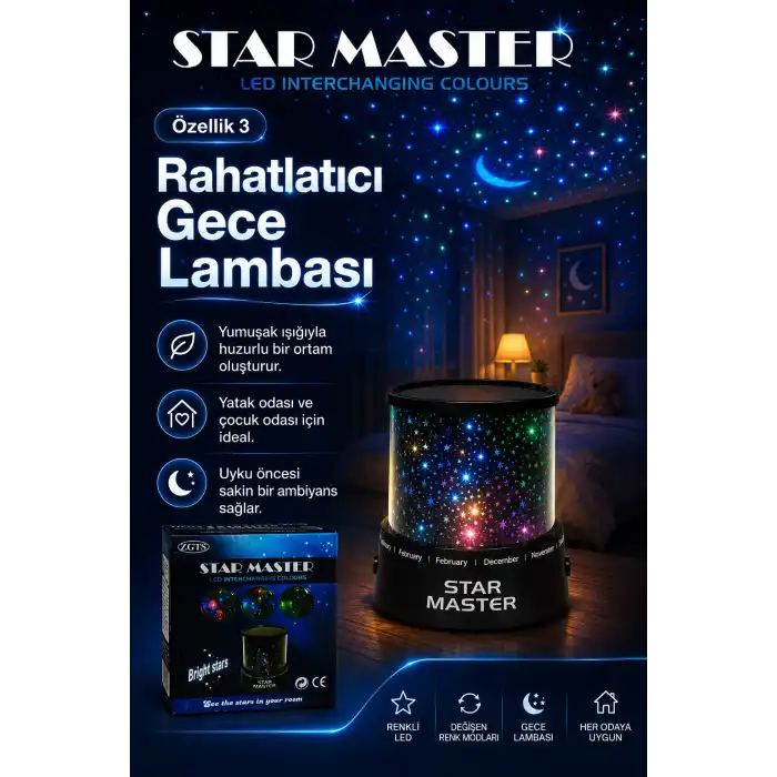 Oda İçin Yıldız Efektli LED Gece Lambası Renkli Işık Yansıtan Dekoratif Projektör