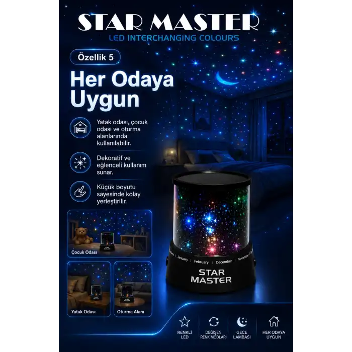 Oda İçin Yıldız Efektli LED Gece Lambası Renkli Işık Yansıtan Dekoratif Projektör